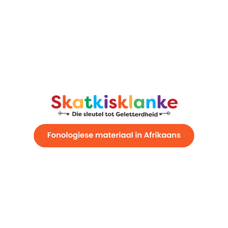 Skatkislanke logo with orange button reading “Fonologiese materiaal in Afrikaans”