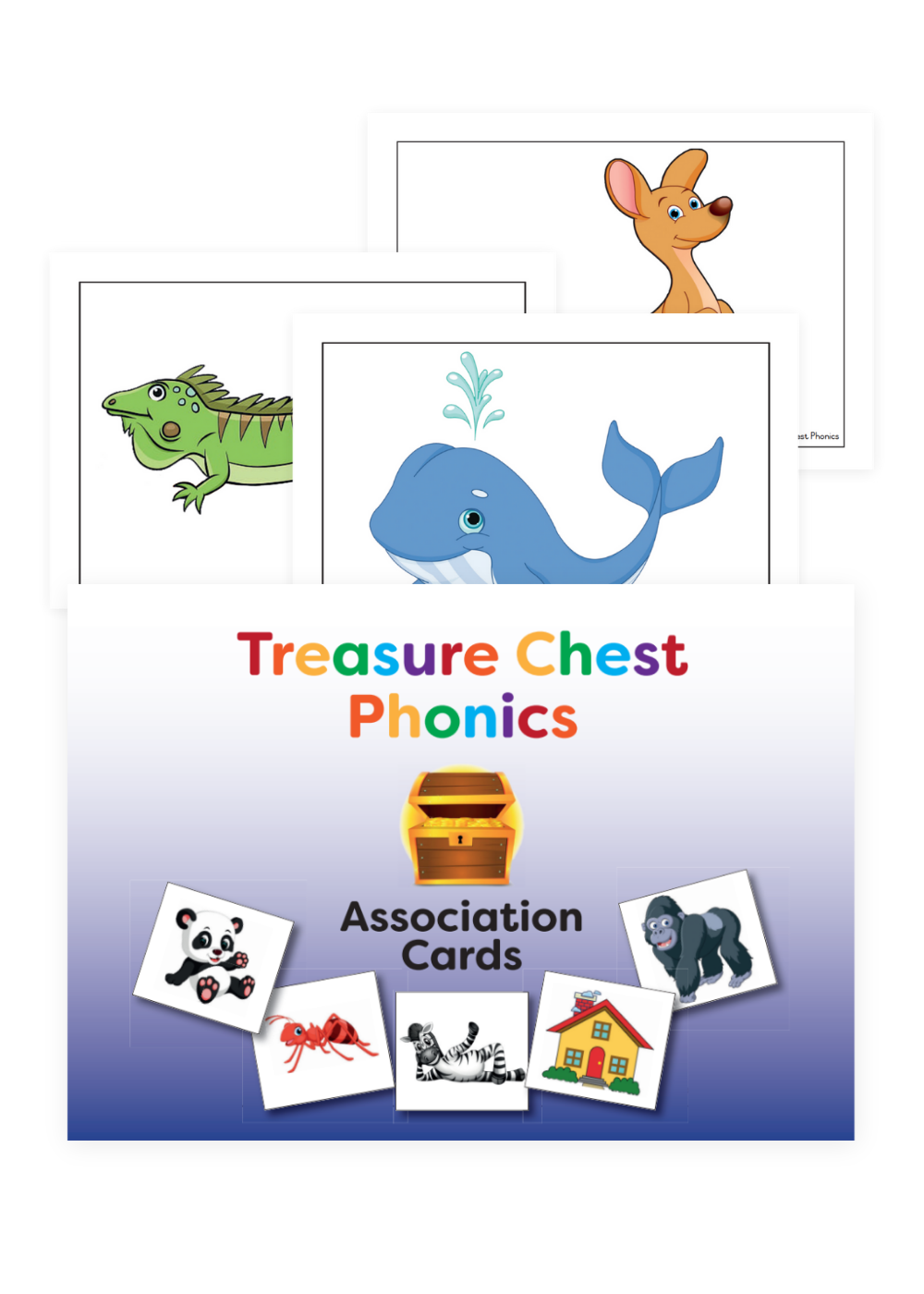 Treasure Chest Phonics association cards: a kangaroo, iguana, whale, panda, tiger, zebra, gorilla, and house.