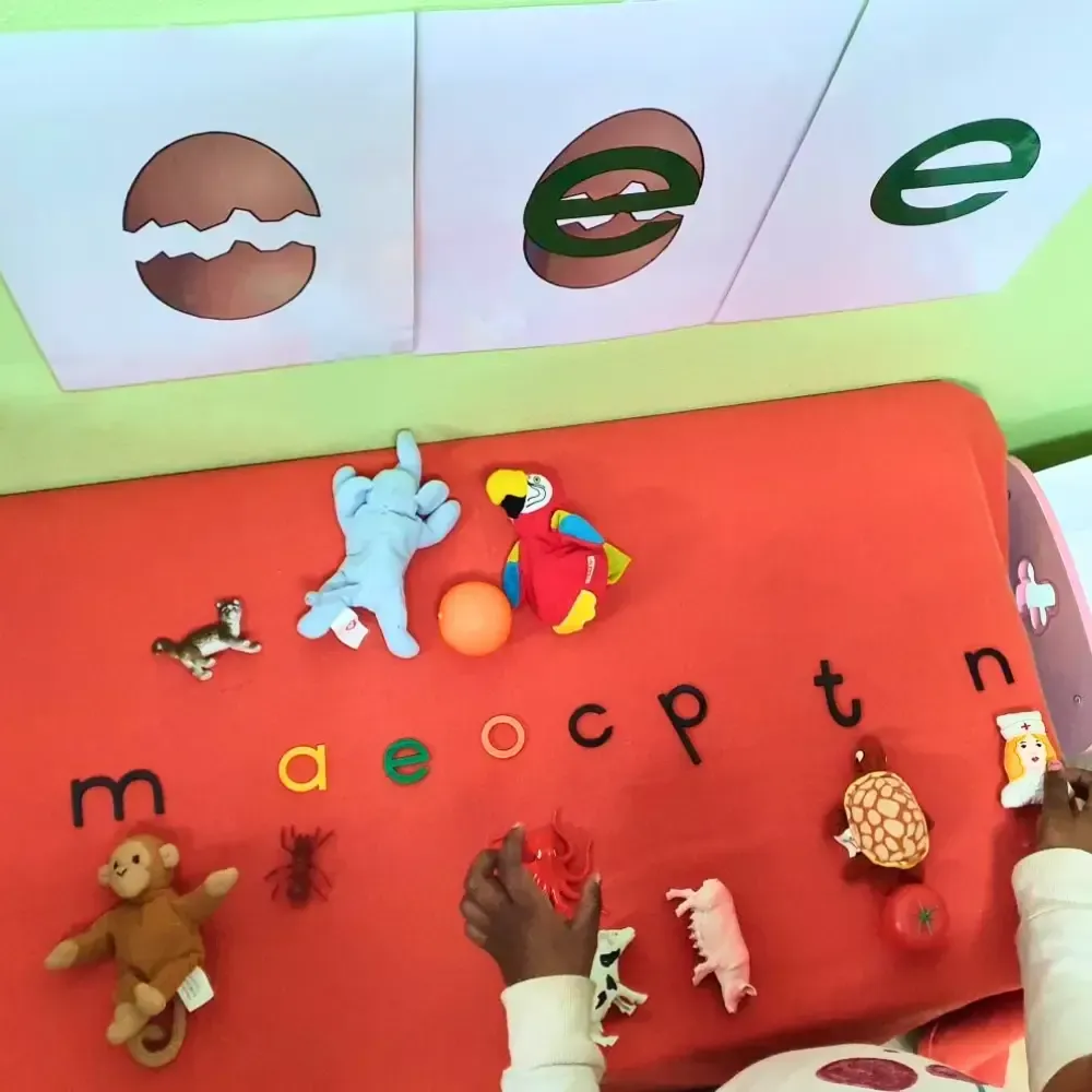Child interacting with educational materials: Letters, toy animals, and an orange mat under visual aids with an egg theme.