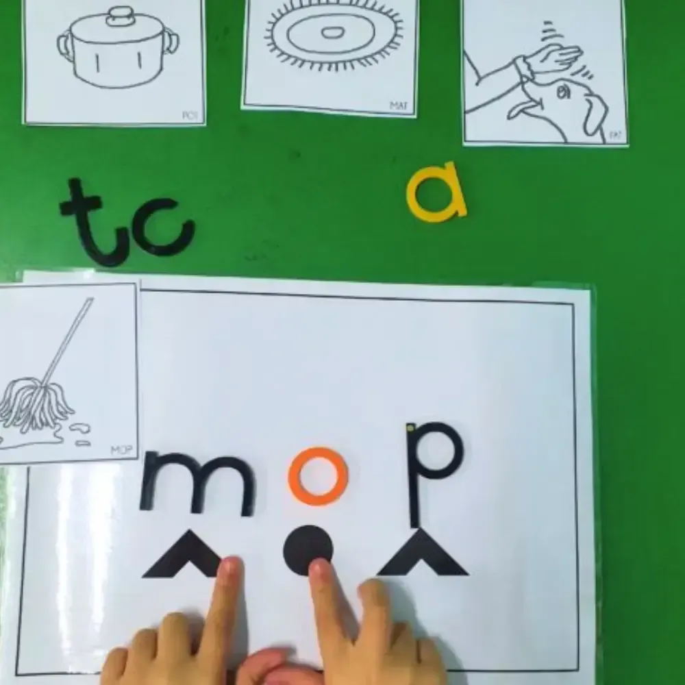 Hands pointing at letters spelling 