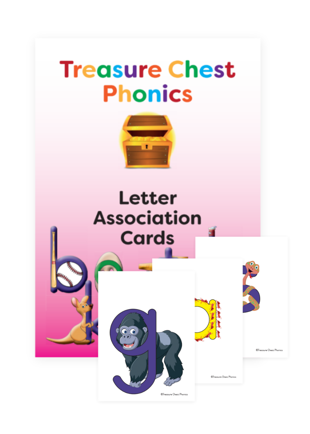 Treasure Chest Phonics letter association cards; chest graphic, with individual cards featuring letters with related objects.