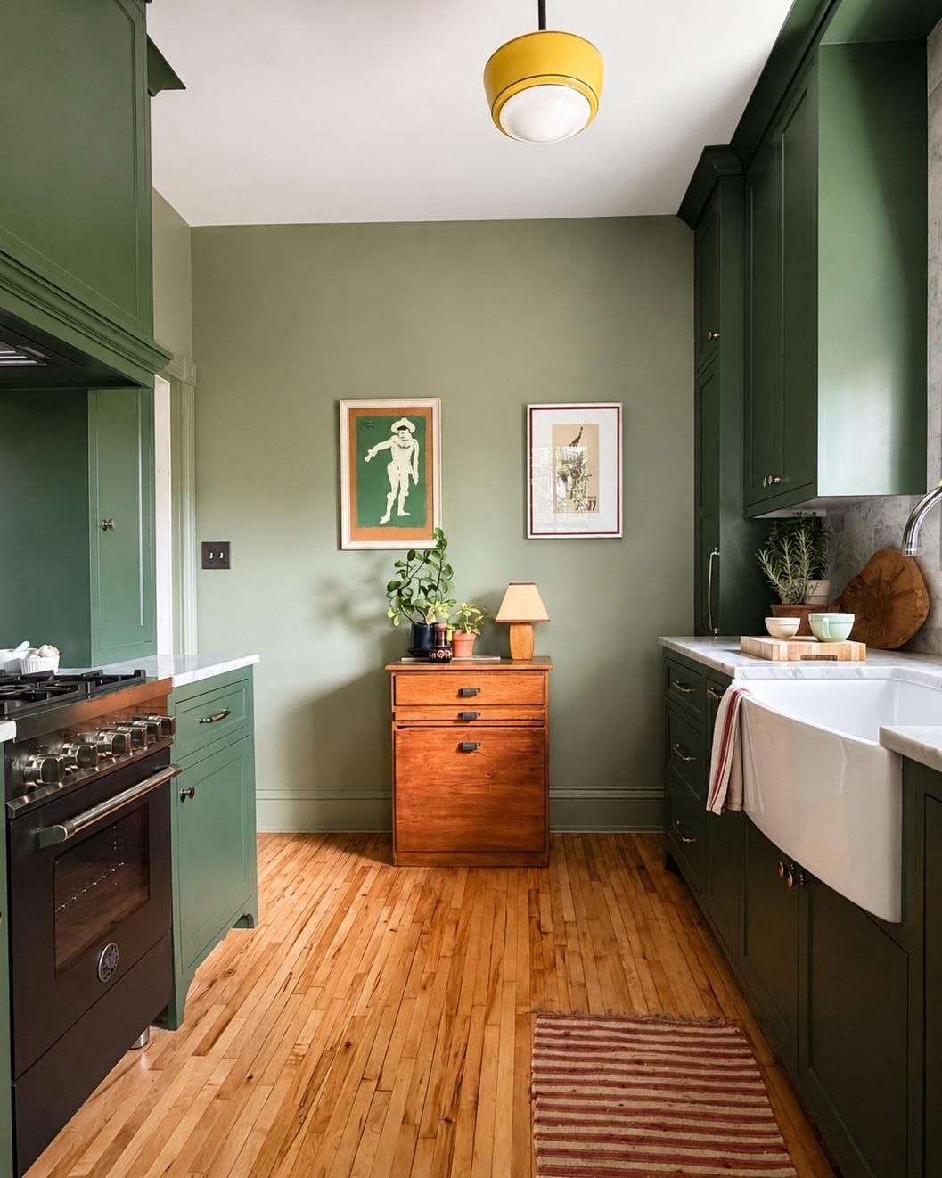 Narrow green kitchen with wooden floor, dark cabinets, white countertop, and a small chest against the back wall