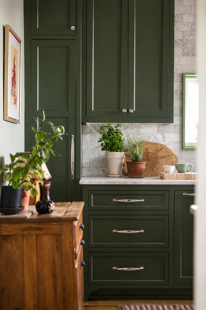 Dark green kitchen cabinets with potted plants on a countertop and a wooden table in the foreground
