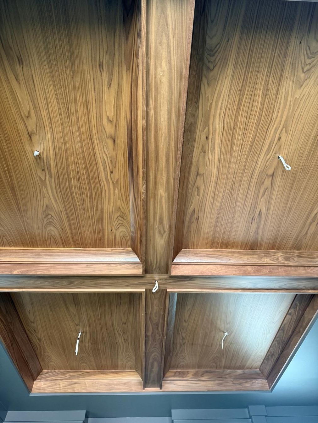 Wooden cabinet doors with four panels and brass handles, viewed from below.