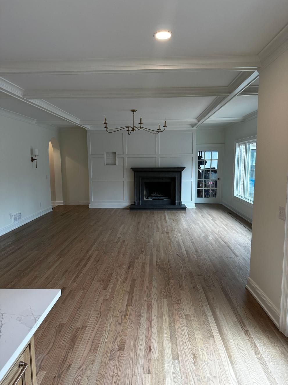Empty living room with wood floors, white walls, fireplace, and large windows.