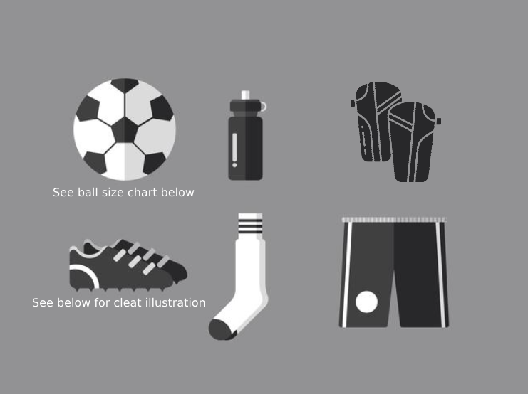 Black-and-white sock size guide icons: ball chart, sock, and shorts with text prompts