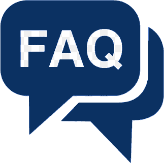 Blue speech bubble icon with white “FAQ” text, representing frequently asked questions.