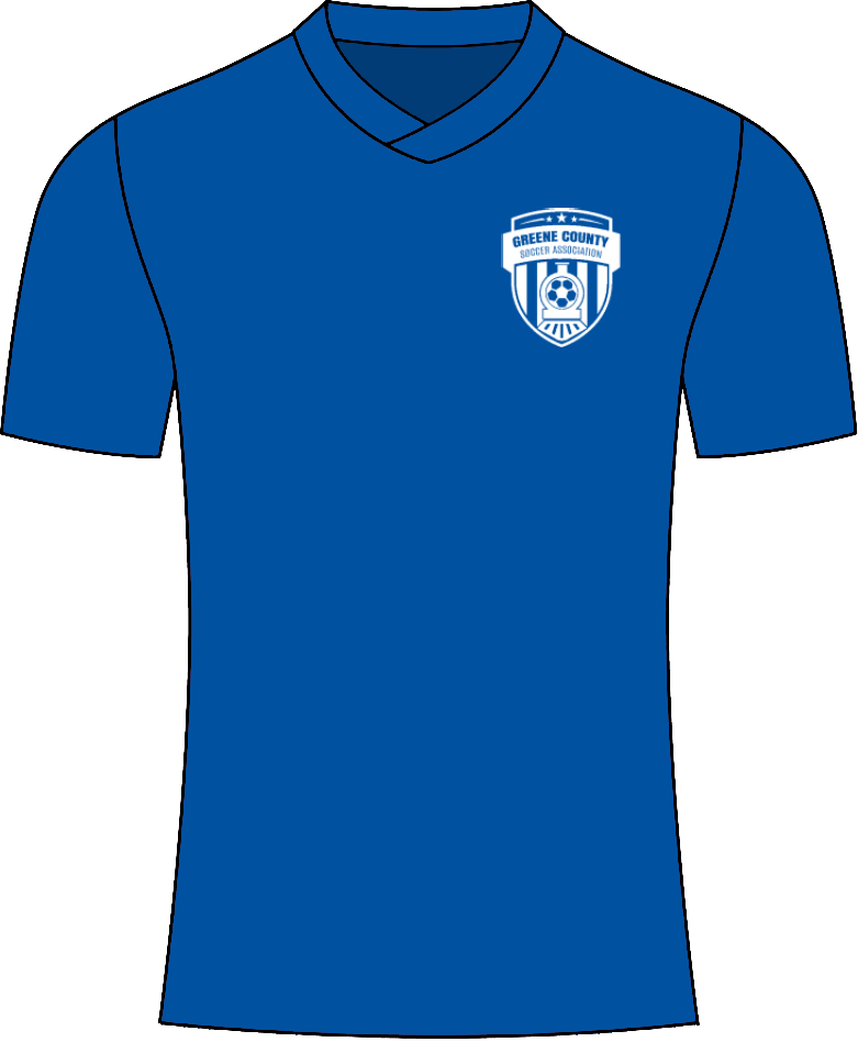 Blue short-sleeve V-neck jersey with a white crest on the chest