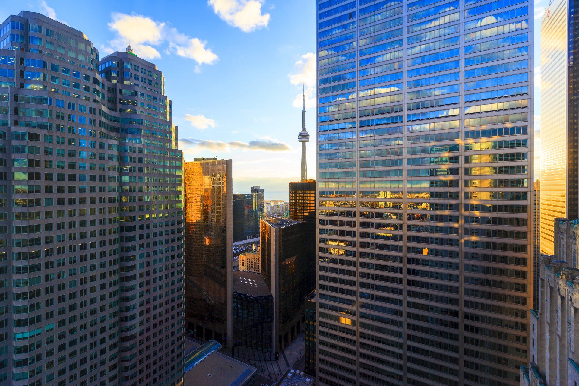 An aerial view of a city skyline with a lot of tall buildings.