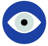 An evil eye in a blue circle on a white background.