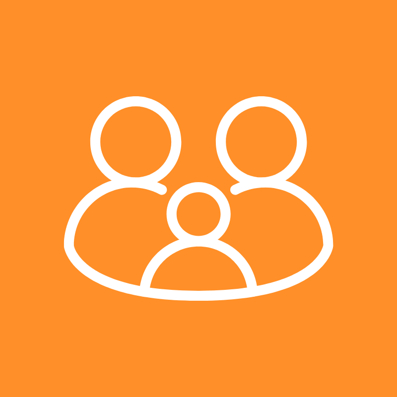 White outlined family figures on orange background showing viability and contact assessment at a family assessment centre