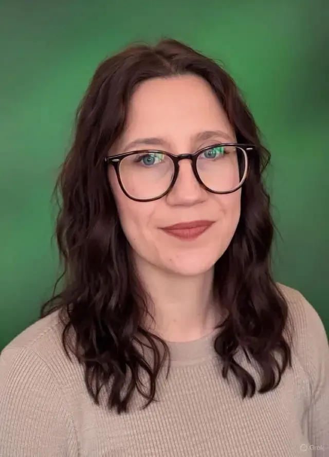 Smiling family assessment centre team member with glasses and wavy dark hair