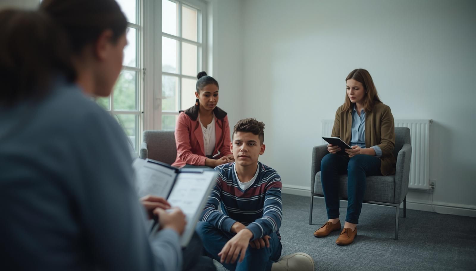 Social worker conducting assessment with parent and child while another professional observes, takes notes in a calm setting