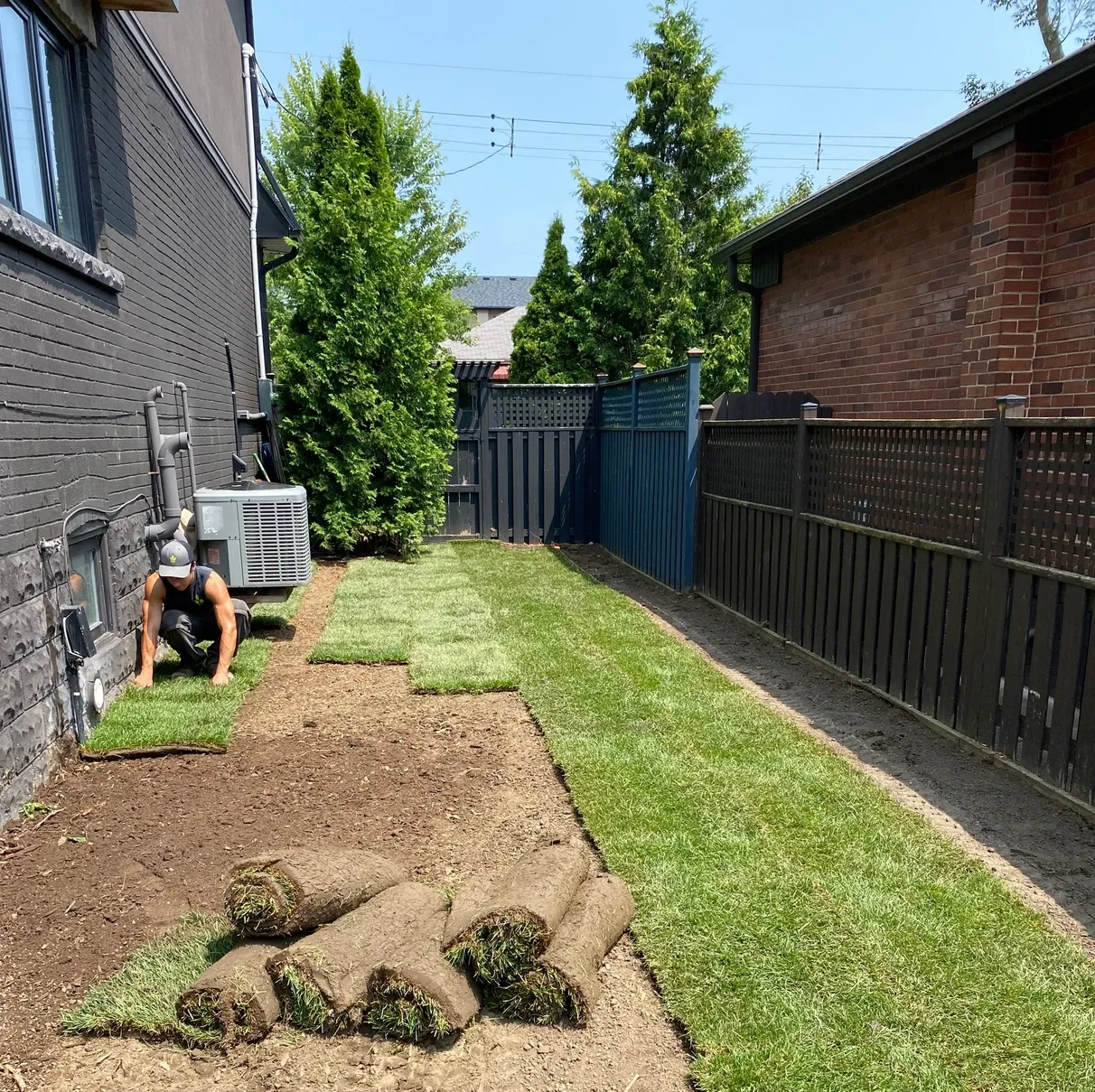 A person lays sod in a narrow backyard between a black wall and a dark fence; rolls of sod lie nearby.