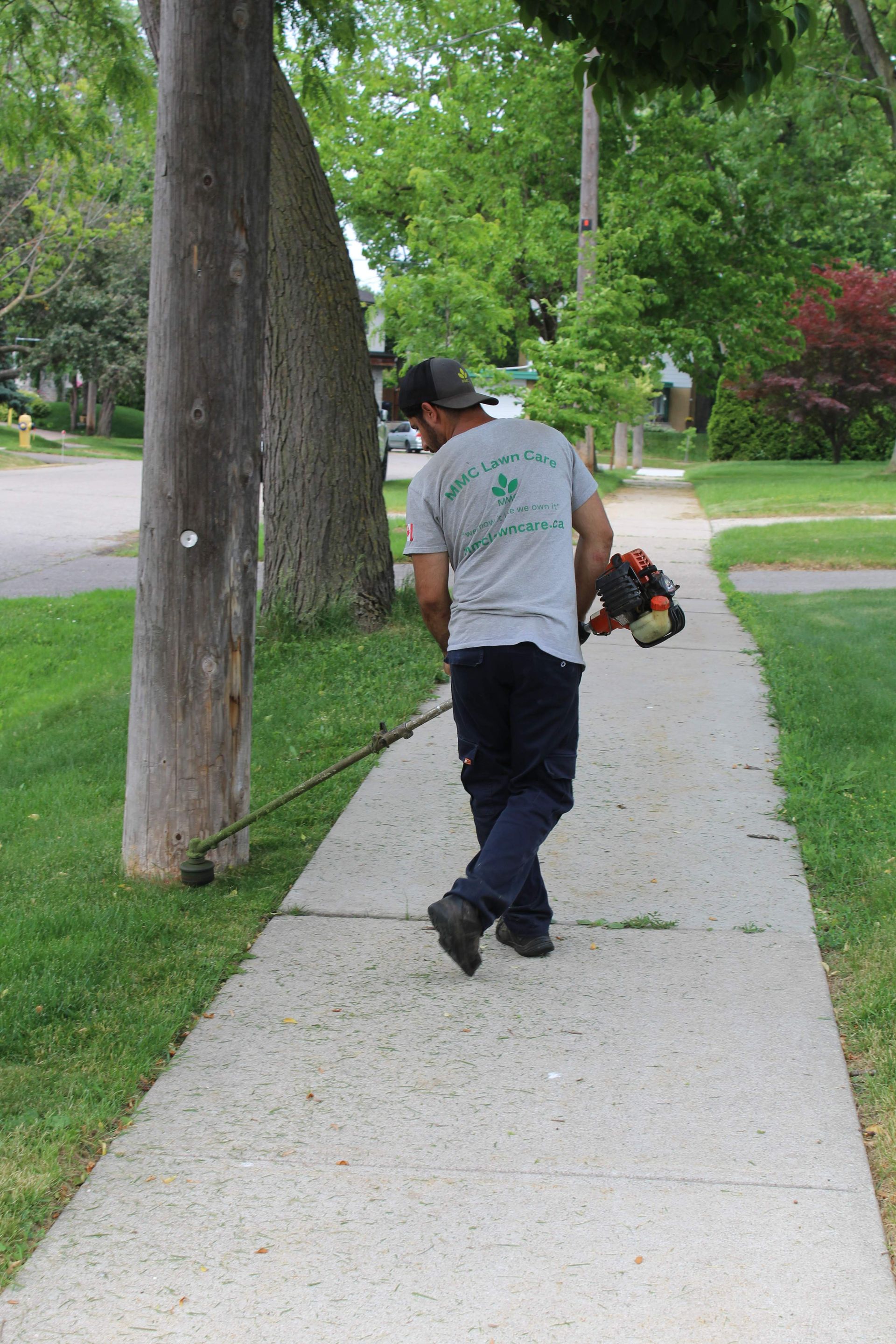 Person using a leaf blower on a sidewalk beside a tree-lined street.