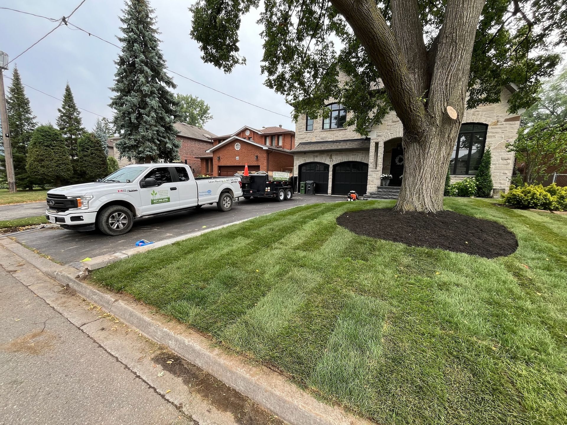 A white truck and trailer on a driveway, lawn in front of a house, tree with mulch.