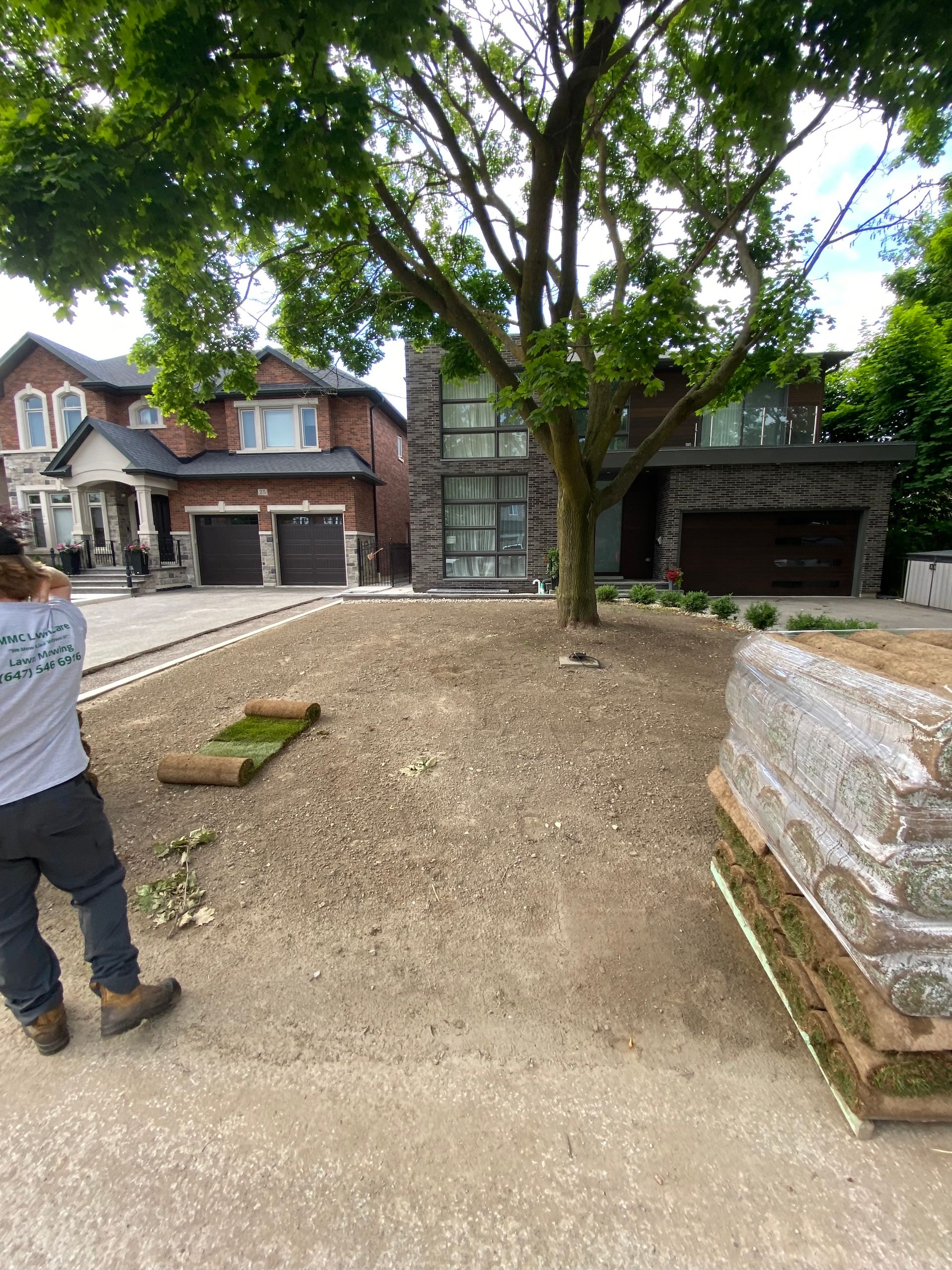 Man laying sod in a yard in front of a modern house, rolls of sod nearby.