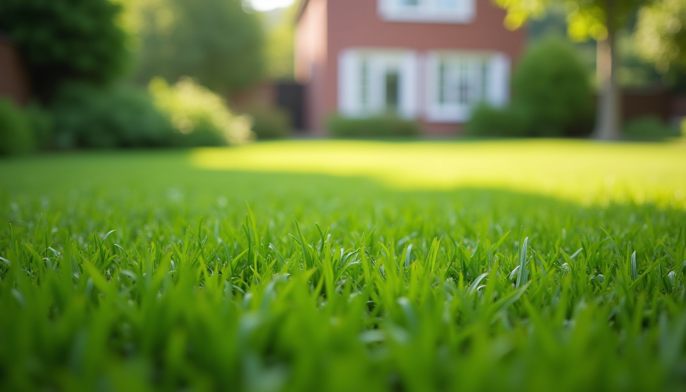 A close-up of a well-maintained lawn in a residential area.