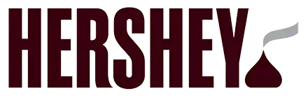 Hershey logo in maroon with a stylized chocolate kiss icon