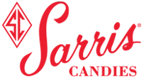 Red Sarris Candies logo with stylized script and diamond emblem on a white background
