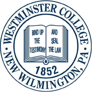 Westminster College New Wilmington, PA seal with open book and motto “Bind up the testimony and seal the law.”