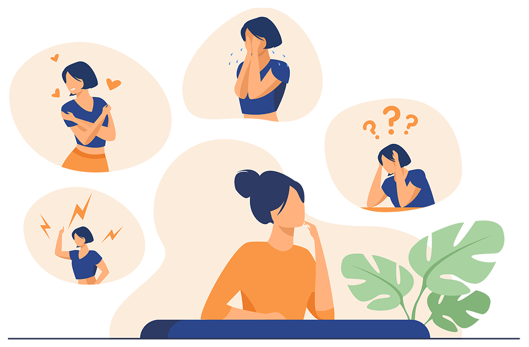 A woman is sitting at a table with many different thoughts coming out of her head A woman is sitting at a table with many different thoughts coming out of her head