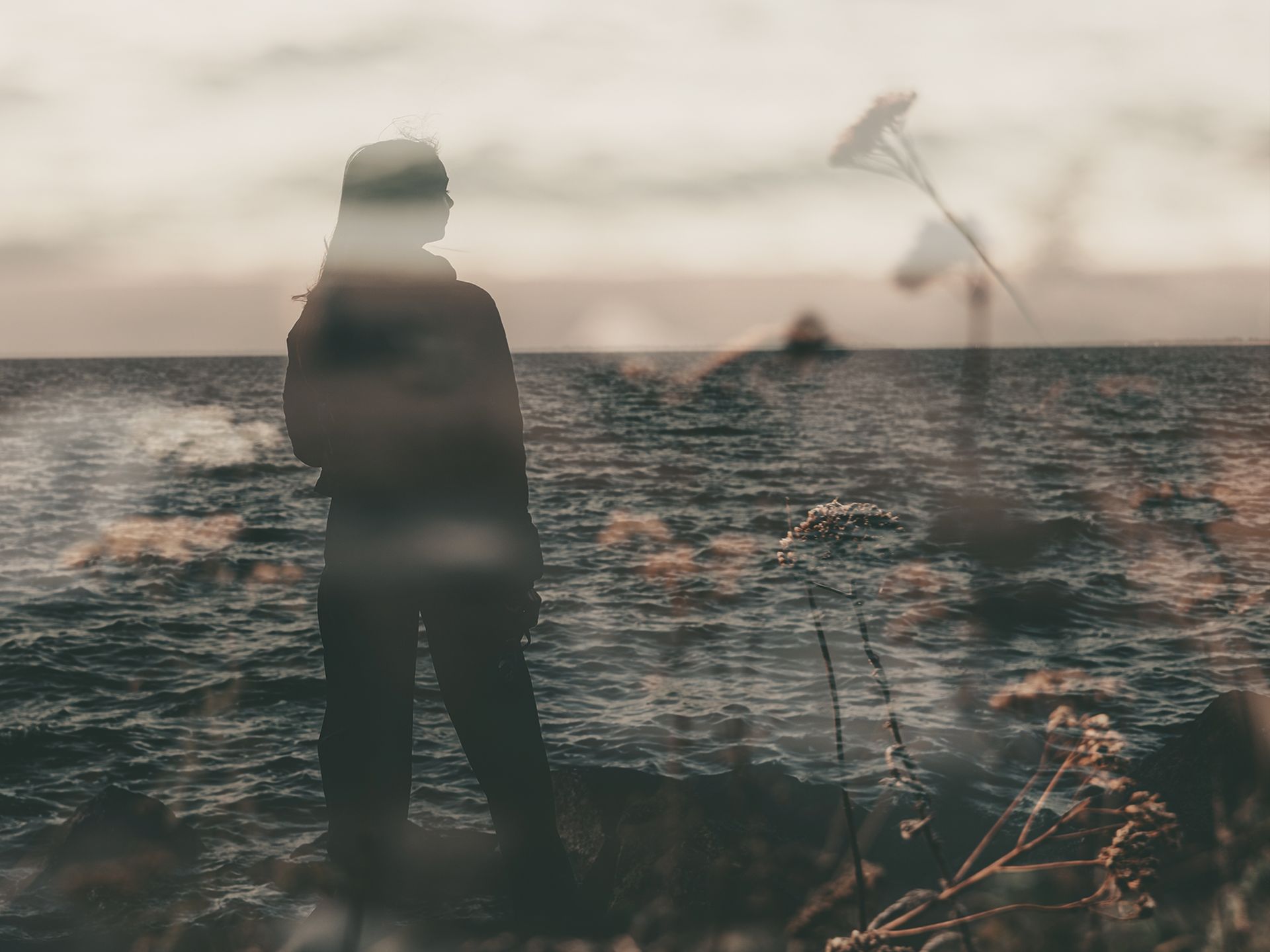 Silhouette of a person standing, gazing out at a dark sea. Overlaid with blurry plants in a muted, sepia-toned landscape.