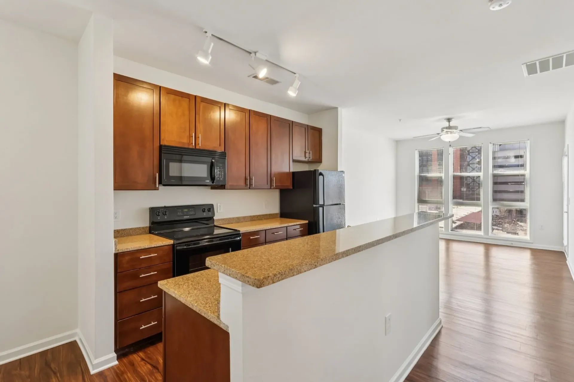 Modern kitchen with dark wood cabinets, granite countertops, and black appliances. Open to a living area with large windows at Catherine 36 Apartments for rent in Charlotte, NC