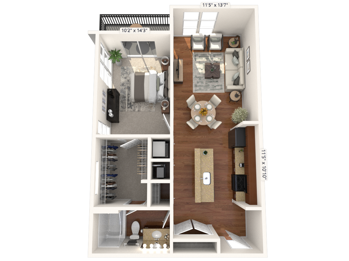 Top-down floor plan of a small apartment with living room, kitchen, bedroom, bathroom, and balcony at Catherine 36 Apartments for rent in Charlotte, NC.