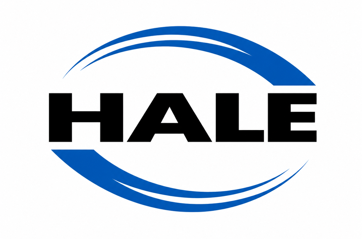 HALE logo in black text with blue swooshing arcs above and below on a white background