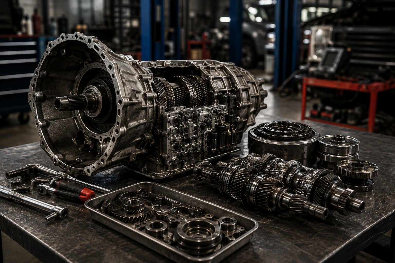 Disassembled engine on a workbench in a garage, with tools laid out and equipment in the background