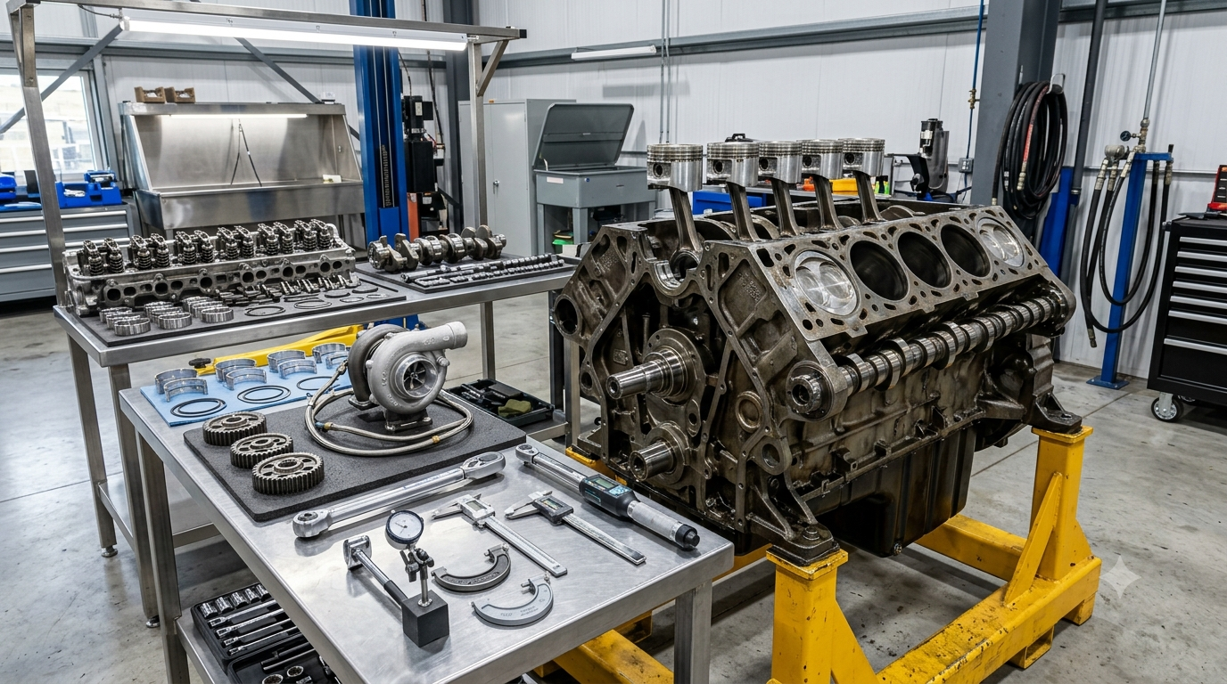Disassembled engine on a workbench in a garage, with tools laid out and equipment in the background