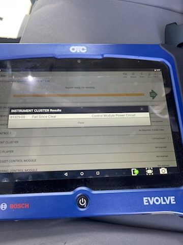 OTC Bosch EVOLVE diagnostic tablet showing an instrument cluster module screen in a workshop