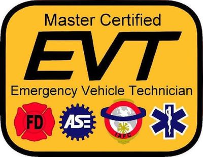Master Certified EVT Emergency Vehicle Technician logo with FD, ASE, and EMS symbols on yellow background