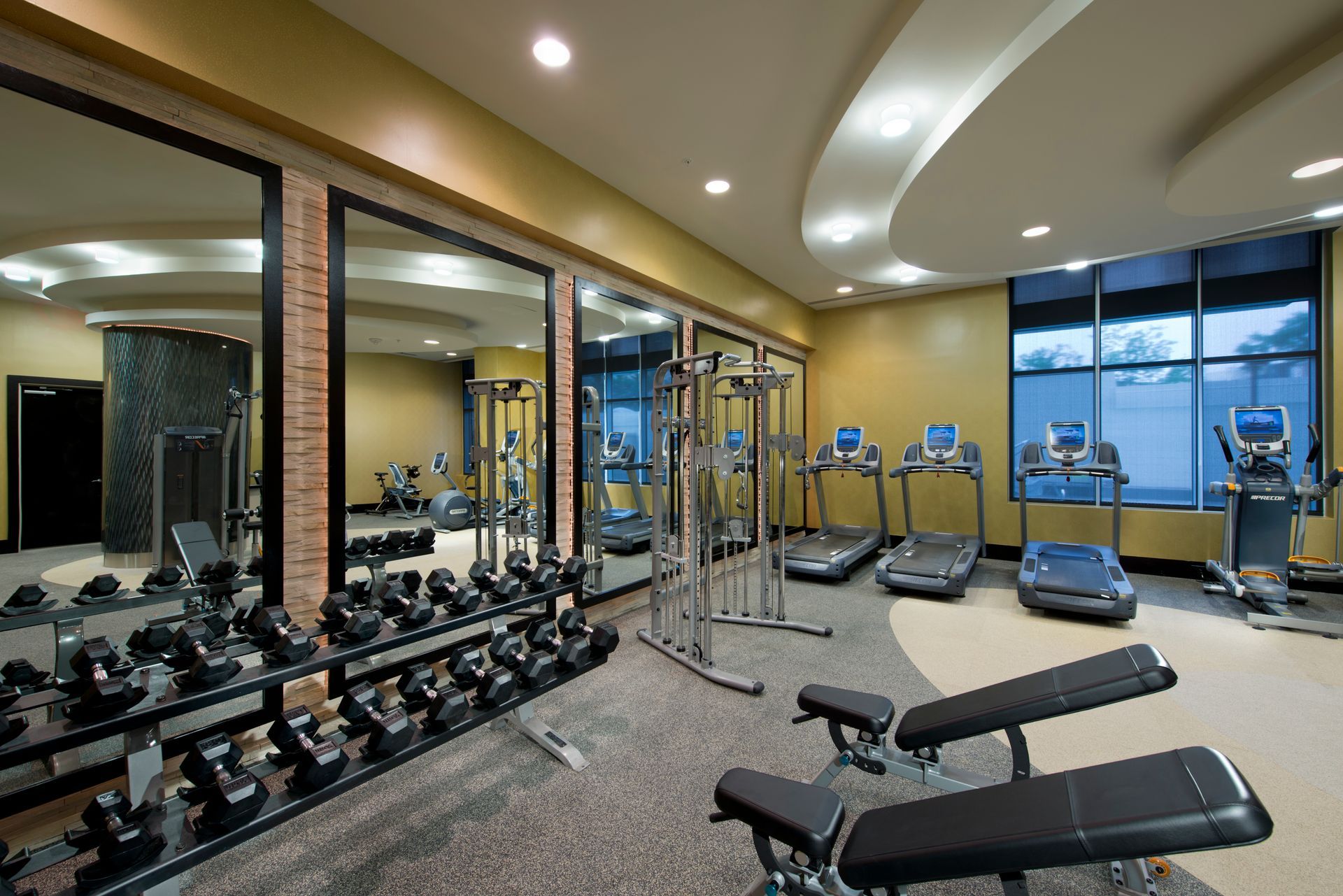 A gym with a lot of dumbbells and treadmills