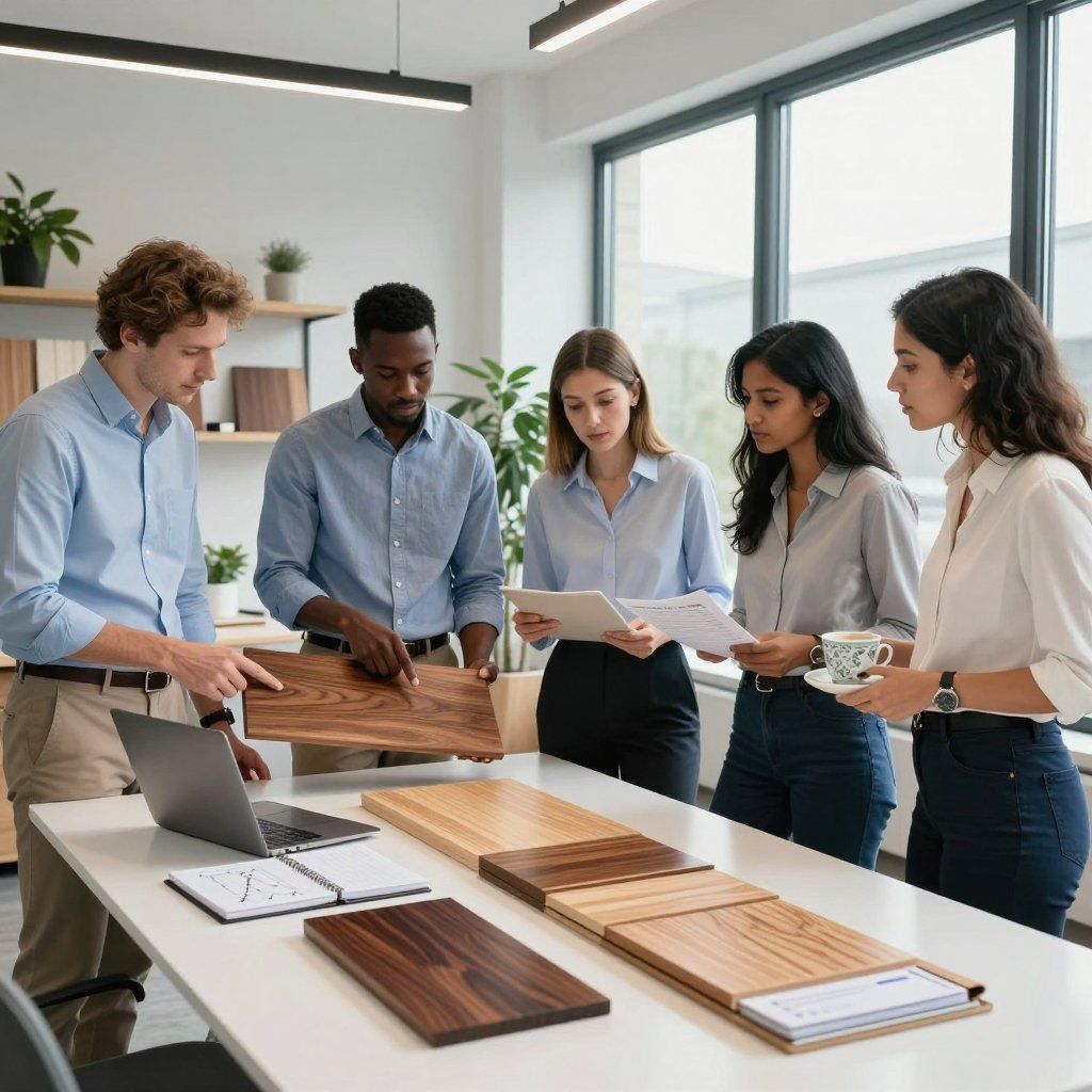 Five people in an office looking at wood samples laid on a table. One person is pointing, others are holding papers.