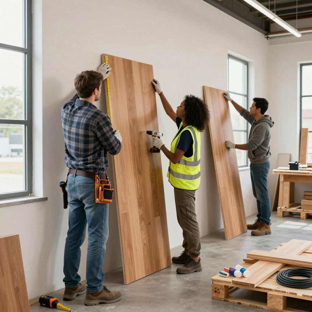 Three people installing wooden panels on a white wall in a workshop.