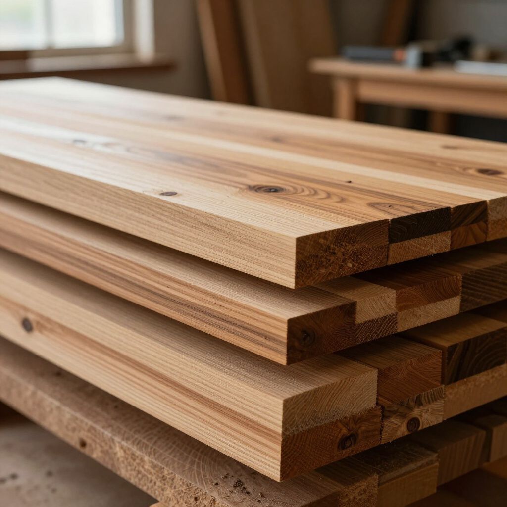 Stack of fresh-cut wooden planks with visible grain, possibly for woodworking projects, in a workshop setting.