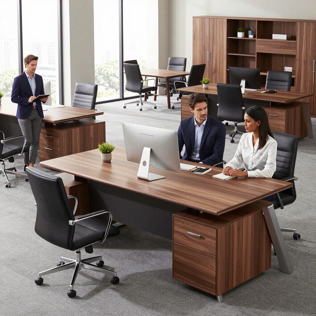 Office with modern desks, chairs, and wood cabinets. People are working on computers and walking.
