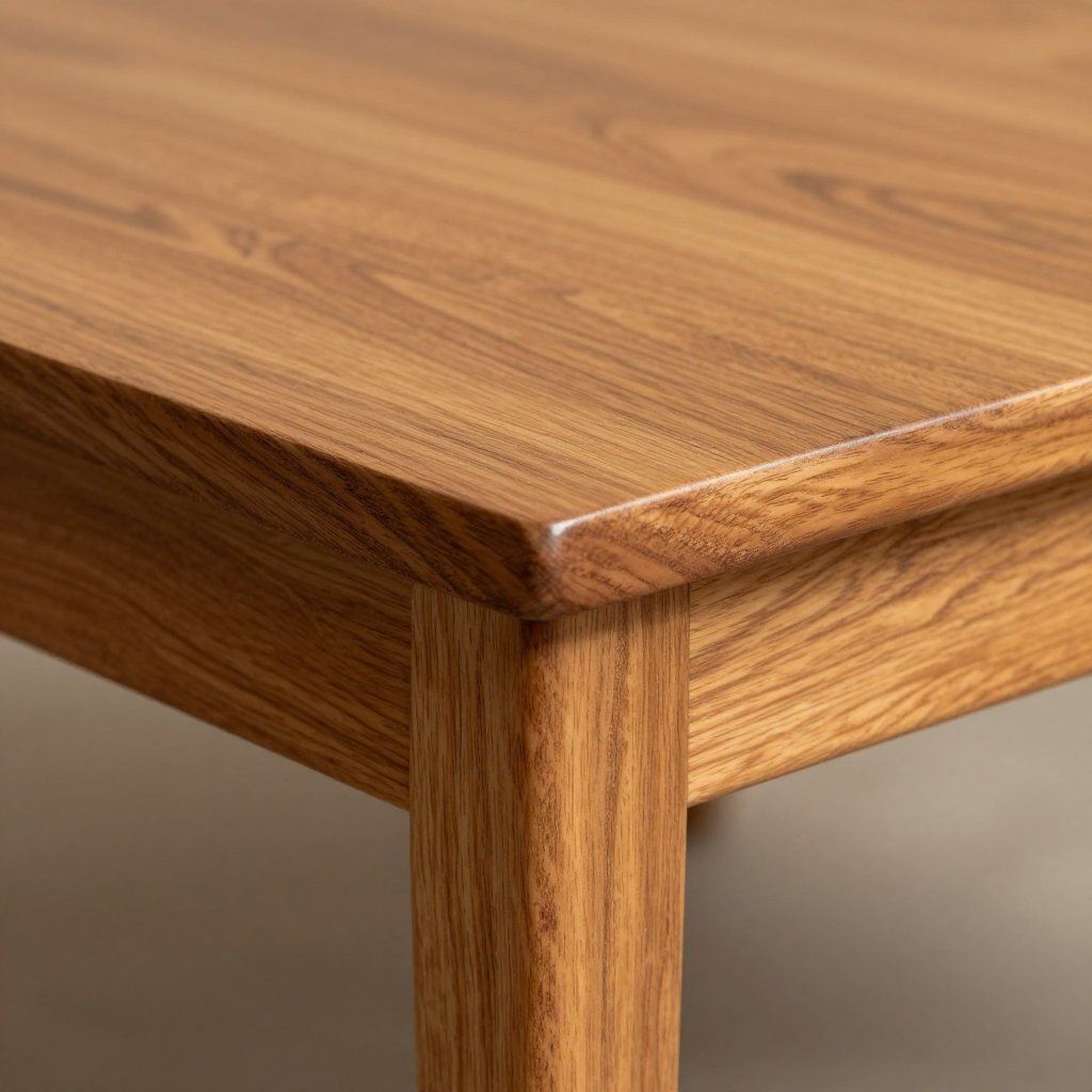 Close-up of a wooden table corner with a rounded edge and a square leg.