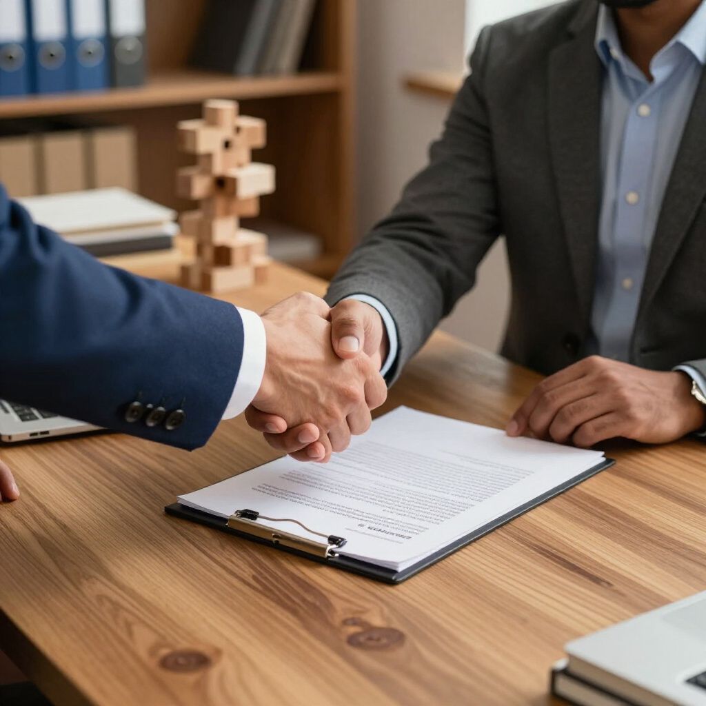 Two men in suits shaking hands over a contract on a desk, office setting.