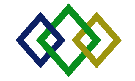 A blue green and gold logo on a white background