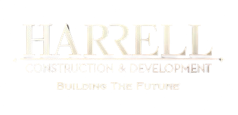 Faint gold "HARRELL Construction & Development" logo with the tagline "Building the Future" on a white background