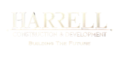 Faint gold "HARRELL Construction & Development" logo with the tagline "Building the Future" on a white background