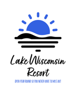 Lake Wisconsin Resort logo: blue sun over black water, with resort name in script and tagline.