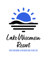 Lake Wisconsin Resort logo: blue sun over black water, with resort name in script and tagline.