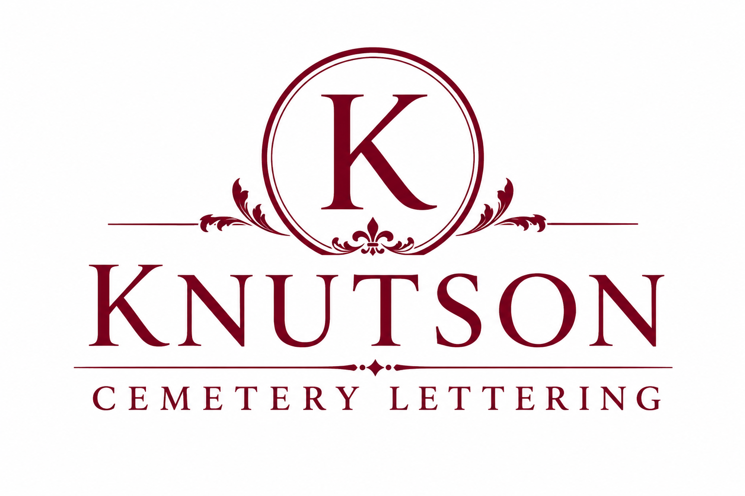 Knutson Cemetery Lettering logo with maroon K in a circle and decorative text