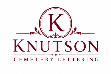 Knutson Cemetery Lettering logo with maroon K in a circle and decorative text