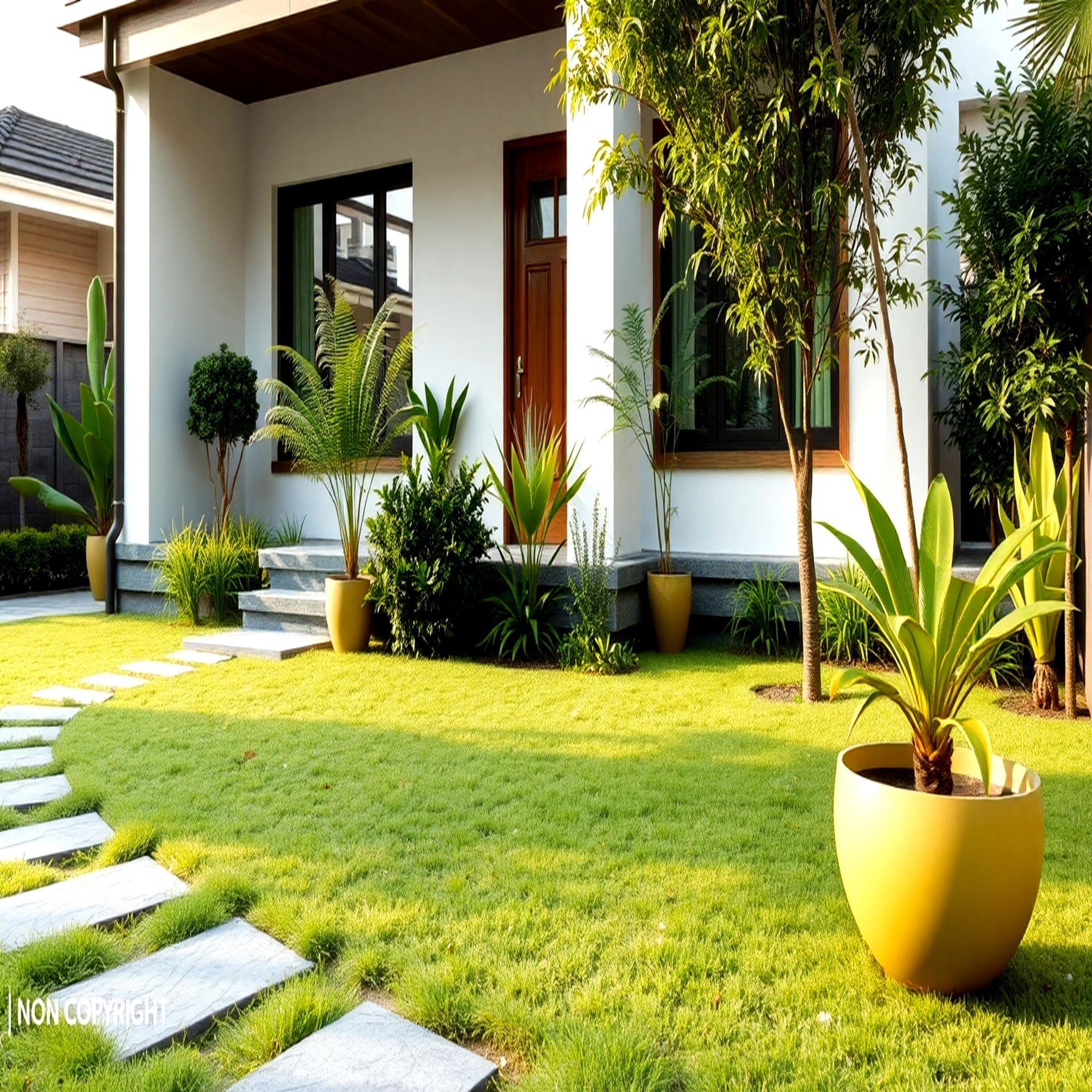 A modern white house with a brown door, surrounded by lush potted plants and a stone path winding through a grassy yard.