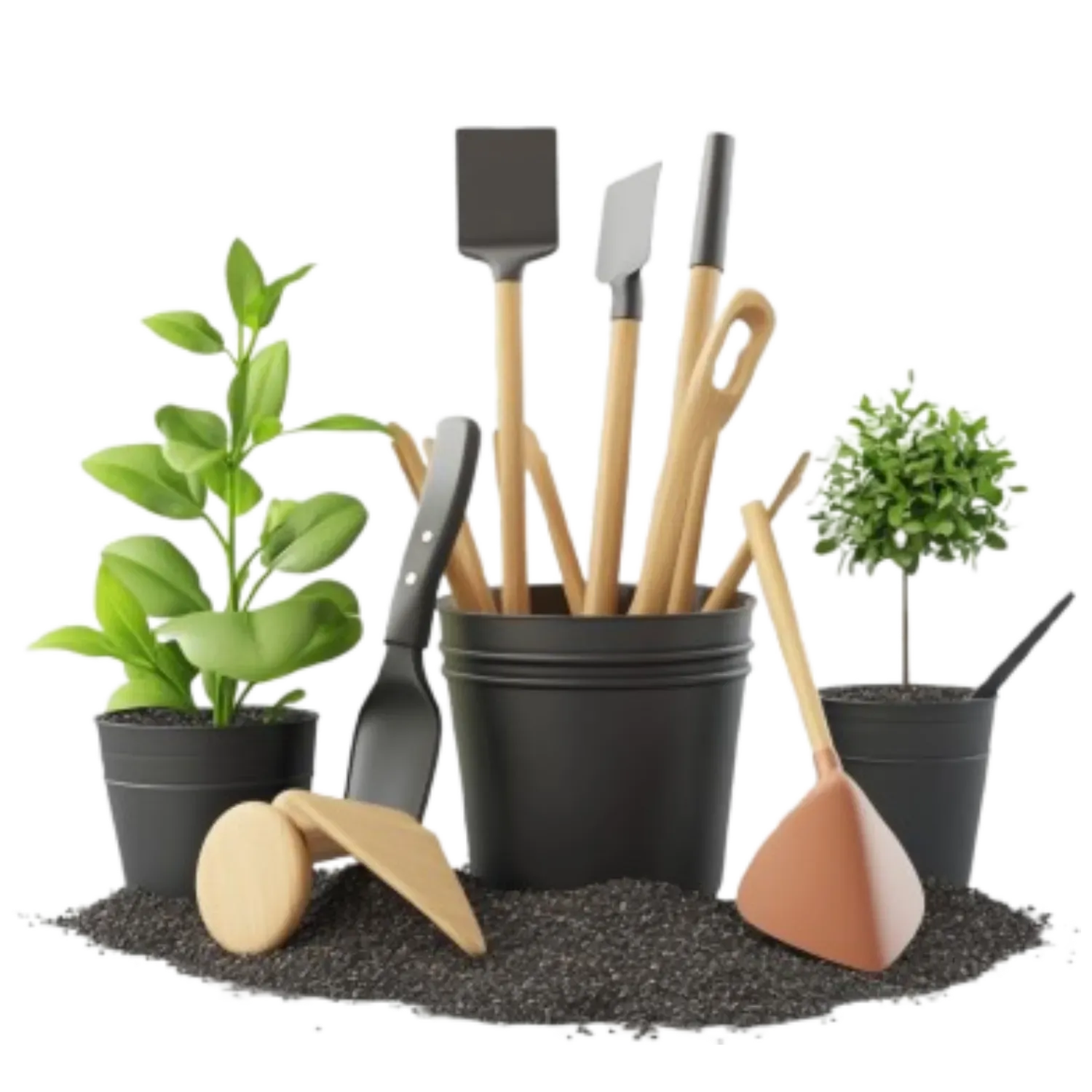 Gardening tools and small potted plants arranged on a bed of dark soil against a white background.